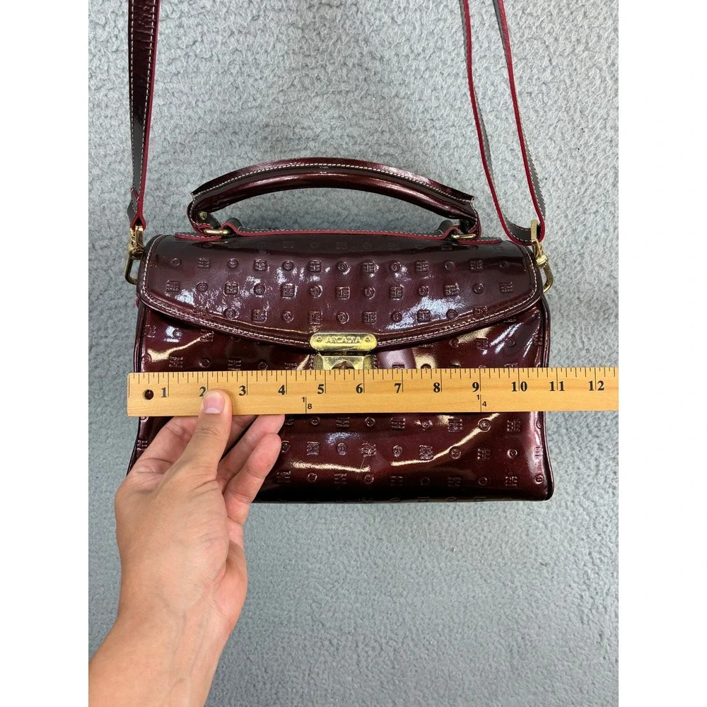 Arcadia Monogram Embossed Satchel Crossbody Bag Womens M Burgundy Patent Italy
